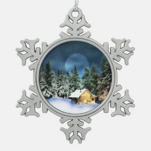Rustikale Blockhütte Vollmond Schneeflocken Zinn-Ornament