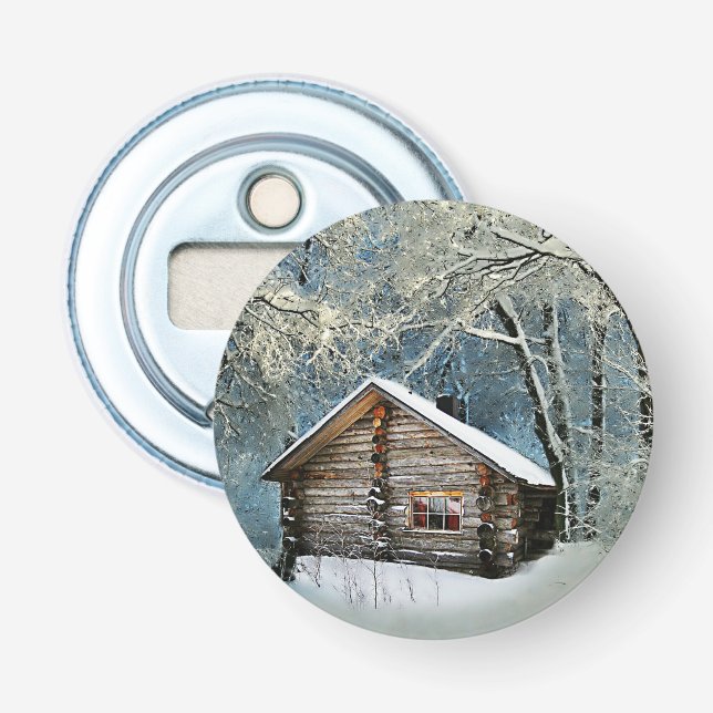 Rustikale Blockhütte Wintermagie Flaschenöffner (Vorderseite)