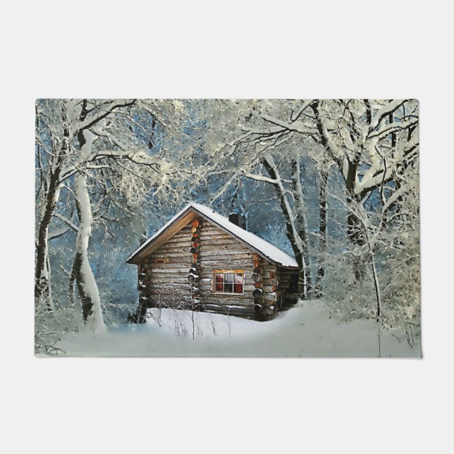 Rustikale Blockhütte Wintermagie Fußmatte (Vorderseite)
