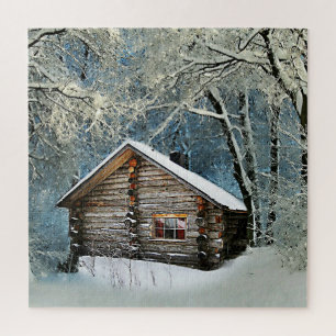 Rustikale Blockhütte Wintermagie Puzzle