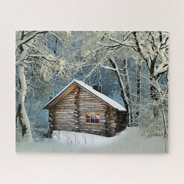 Rustikale Blockhütte Wintermagie Puzzle (Horizontal)