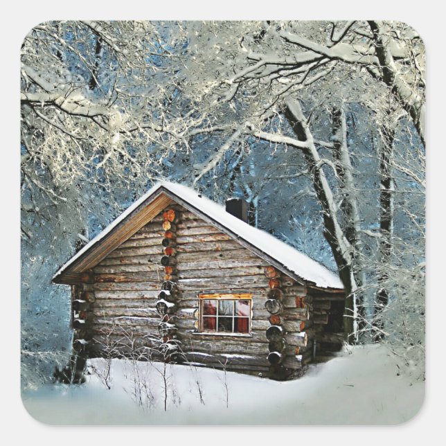 Rustikale Blockhütte Wintermagie Quadratischer Aufkleber (Vorderseite)