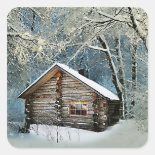 Rustikale Blockhütte Wintermagie Quadratischer Aufkleber