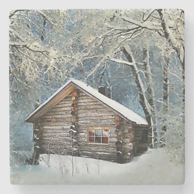 Rustikale Blockhütte Wintermagie Steinuntersetzer (Vorderseite)