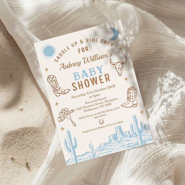 Rustikale Blue Desert Boys Cowboy Baby Dusche Einladung (Boys Cowboy Baby Shower invitation, Blue Brown Western Desert Wild West Southern Country Rodeo )