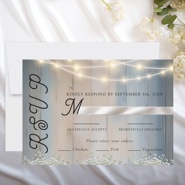 Rustikale Blue Wood & String Lights Wedding RSVP C (Wedding rsvp card)
