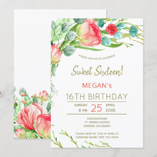 Rustikale Blume Aquarell Modernes 16 . Geburtstag Einladung