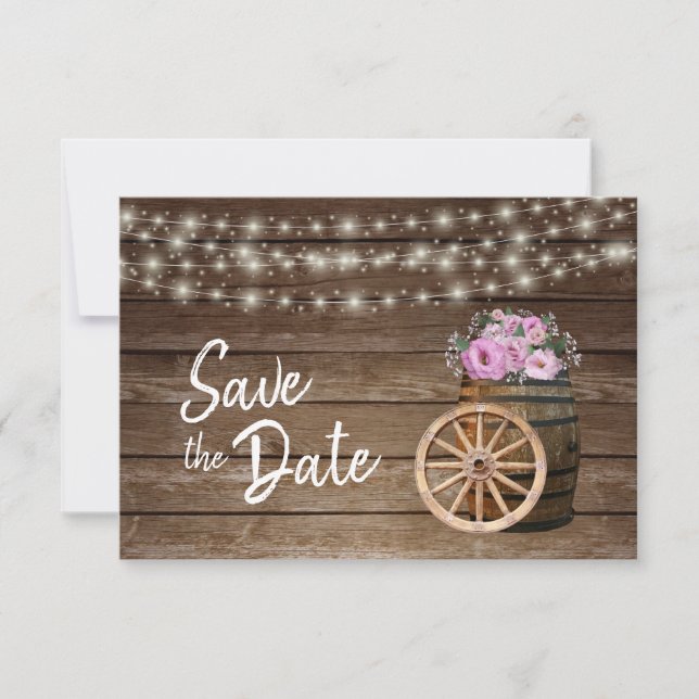Rustikale Blume aus Holz und Rosa - Save the Date (Vorderseite)