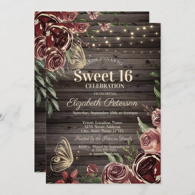 Rustikale Blume Glitzer Bitterfliegen Wood Sweet 1 Einladung (Vorne/Hinten)