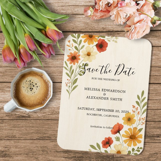 Rustikale Blume Hochzeit Speichern Sie das Datum Magnet (Rustic Watercolor flowers boho wedding Save the date flexible magnetic card.)