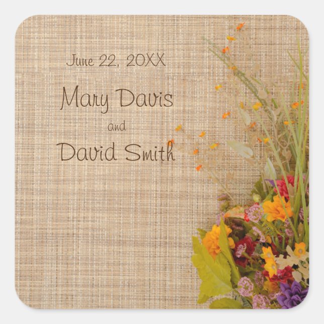 Rustikale Blume im Herbst Hochzeitsaufkleber Quadratischer Aufkleber (Vorderseite)