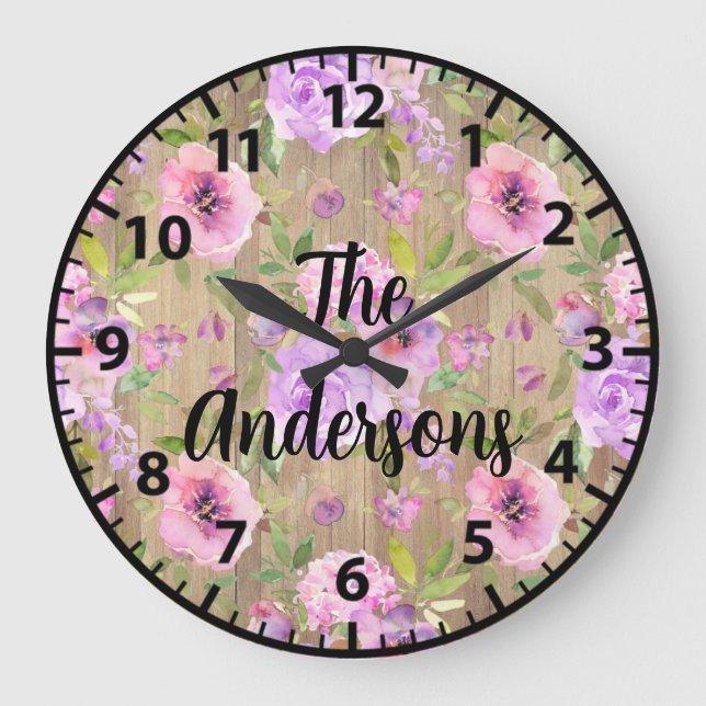 Rustikale Blume Rosa und Lila Rose Große Wanduhr (Vorderseite)