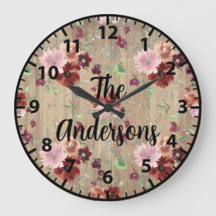 Rustikale Blume Rosa und Lila Rose L Große Wanduhr