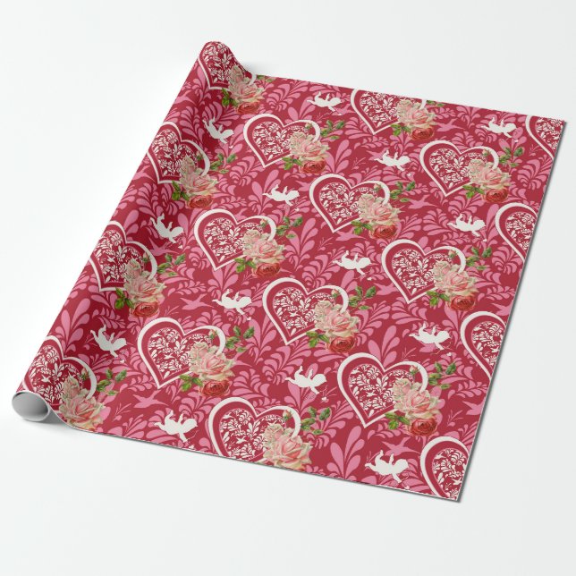 Rustikale Blume Rotes Herz Geschenkpapier (Ungerollt)