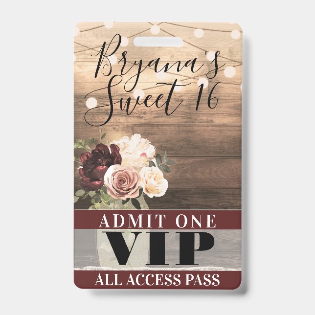 Rustikale Blume & String Lights Sweet 16 VIP Pass Ausweis (Vorderseite)