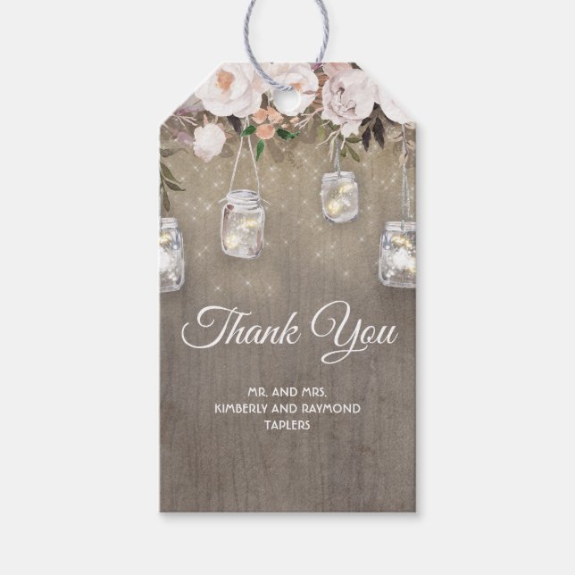 Rustikale Blume und Mason Jar Lights Hochzeit Geschenkanhänger (Vorderseite)