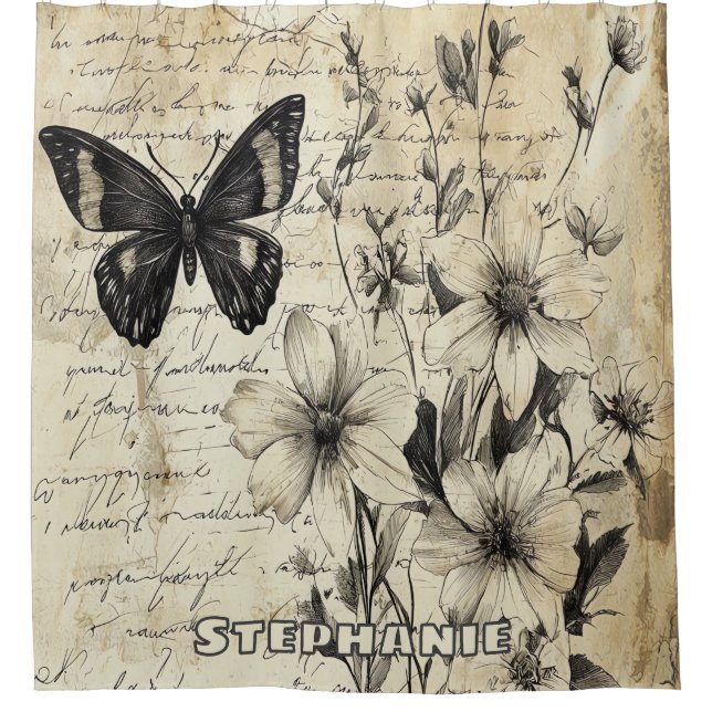 Rustikale Blume und Schmetterlinge - Altpapier (1) Duschvorhang (Vorderseite)