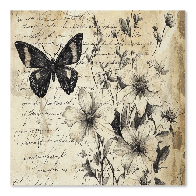 Rustikale Blume und Schmetterlinge - Altpapier (1) Tapete (Vorderseite)
