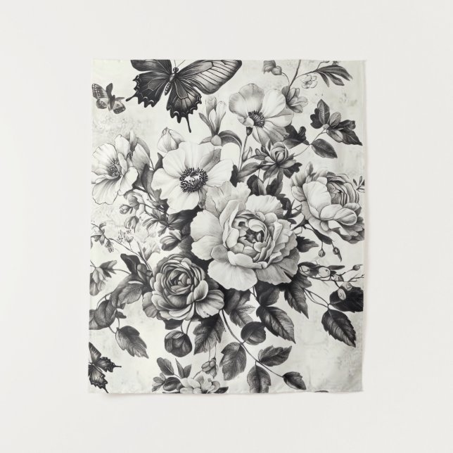 Rustikale Blume und Schmetterlinge - Altpapier (3) Wandteppich (Vorderseite)