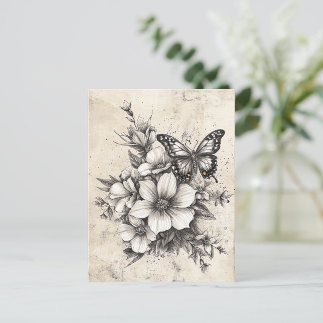 Rustikale Blume und Schmetterlinge - Altpapier (5) Postkarte (Stehend Vorderseite)