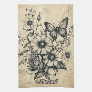 Rustikale Blume und Schmetterlinge - Altpapier (6) Geschirrtuch