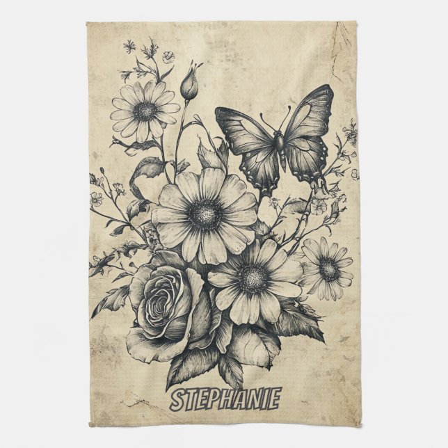 Rustikale Blume und Schmetterlinge - Altpapier (6) Geschirrtuch (Vertikal)
