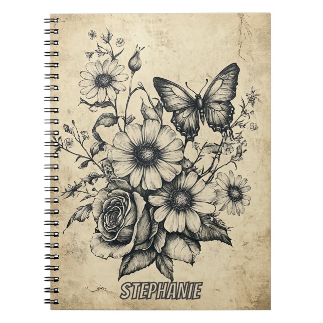 Rustikale Blume und Schmetterlinge - Altpapier (6) Notizblock (Vorderseite)