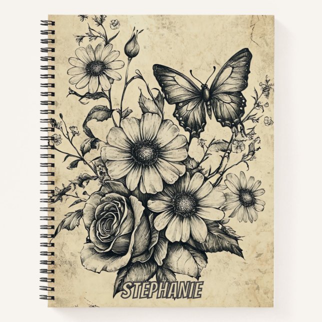 Rustikale Blume und Schmetterlinge - Altpapier (6) Notizbuch (Vorderseite)