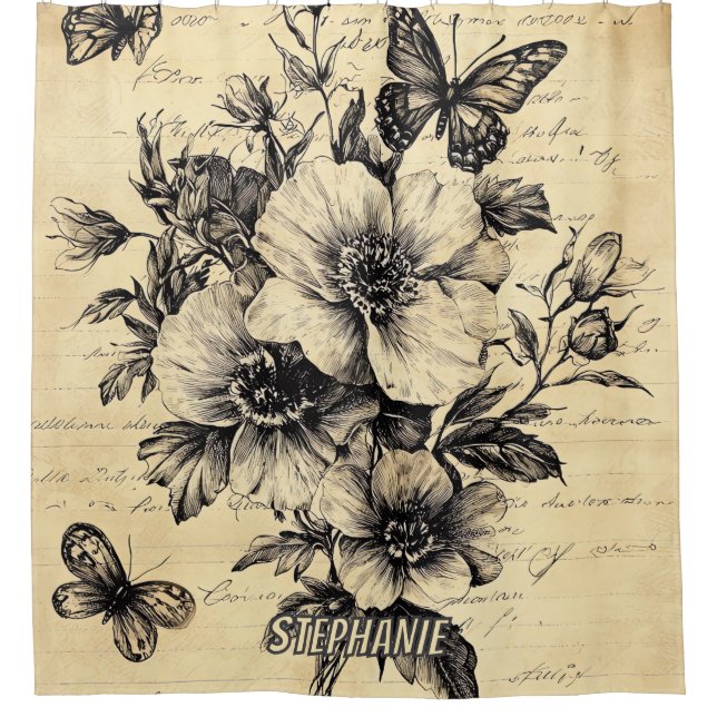 Rustikale Blume und Schmetterlinge - Altpapier (9) Duschvorhang (Vorderseite)