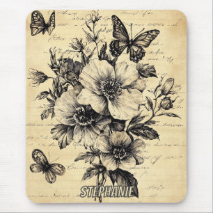 Rustikale Blume und Schmetterlinge - Altpapier (9) Mousepad