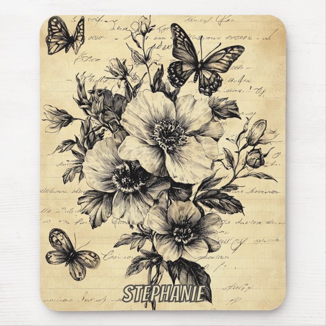 Rustikale Blume und Schmetterlinge - Altpapier (9) Mousepad (Vorne)