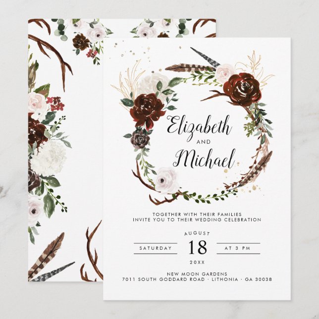 Rustikale Blumen | Boho-Botanische Hochzeitseinlad Einladung (Vorne/Hinten)