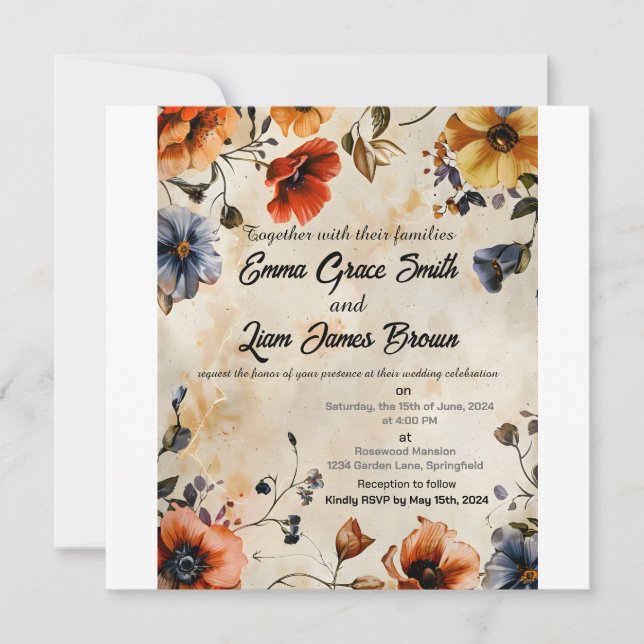 Rustikale Blumen boho farbenfrohe Hochzeitseinladu (Vorderseite)