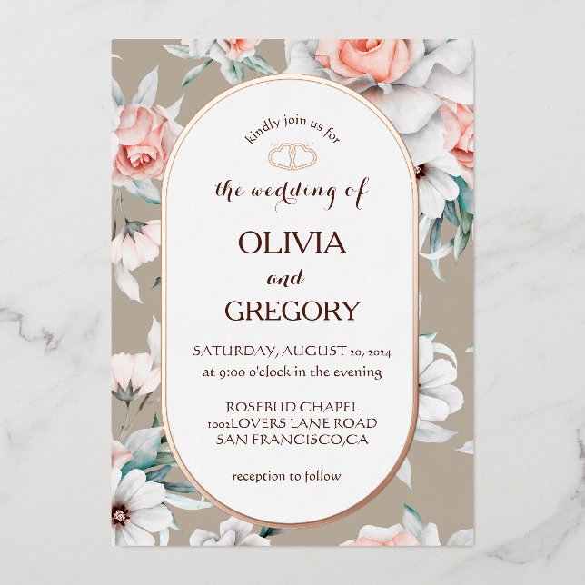 Rustikale Blumen Gold Oval Rahmen Hochzeit Folieneinladung (Vorderseite)