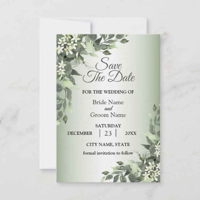 Rustikale Blumen Grüne Eukalyptusblätter Save The Date (Vorderseite)