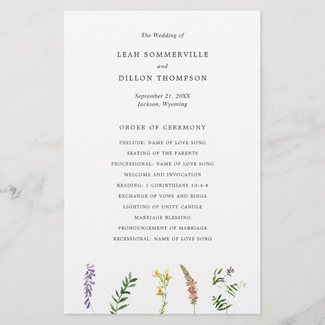 Rustikale Blumen-Hochzeitsprogramm mit Wildblumen Flyer (Vorne)