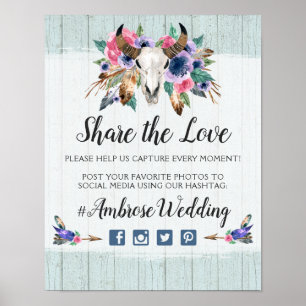 Rustikale Blumen Kuh-Schädel Boho-Hochzeit Hashtag Poster