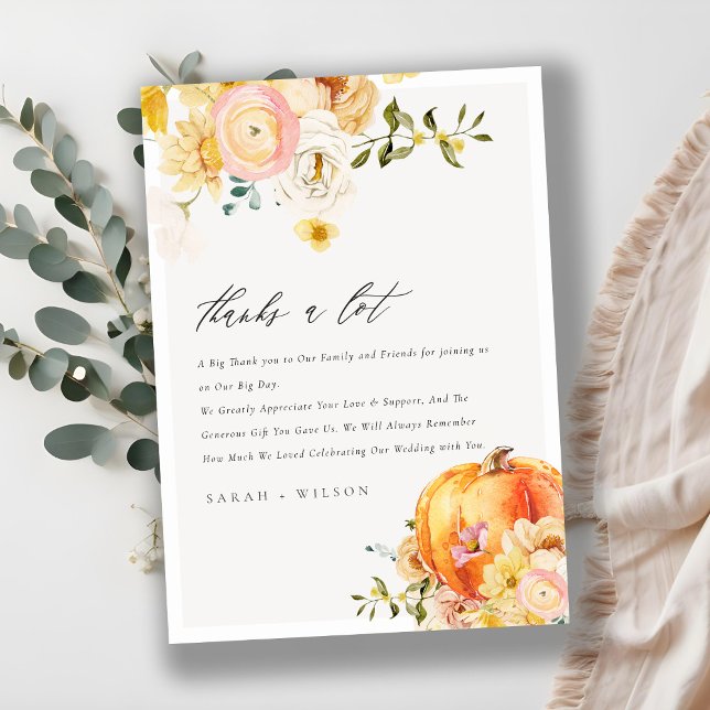 Rustikale Blumen Orange Autumn Pumpkin Wedding Dan Dankeskarte (Von Creator hochgeladen)