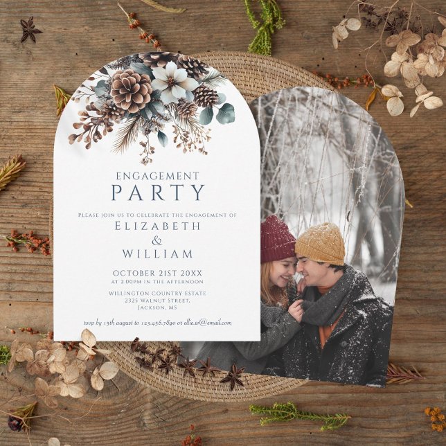 Rustikale Blumen Pinecone Foto Einladung (Rustic Floral Pinecone Engagement Party Photo Arch Invitation)