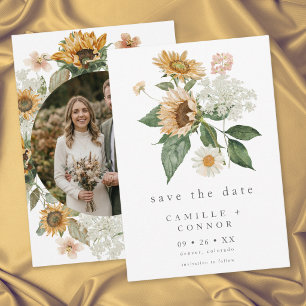 Rustikale Blumen-Sonnenblumen-Wildblumen-Foto-Hoch Save The Date