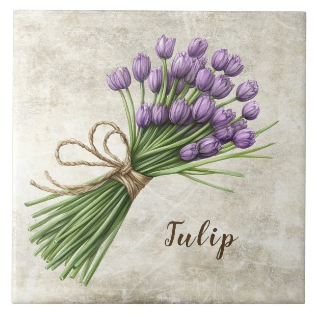 Rustikale Blumen-Tulpen-Faux-Keramikfliese Fliese (Vorderseite)