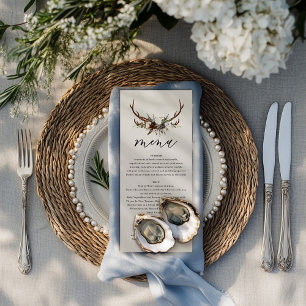 Rustikale Blumen und Hirschgeweihe Hochzeitsmenü Menükarte