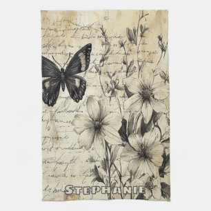 Rustikale Blumen und Schmetterling - gealtertes Pa Geschirrtuch