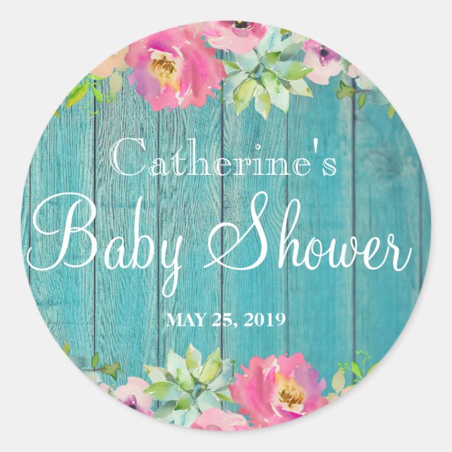 Rustikale Blumenblauer Wood Babydusche Party Aufkl Runder Aufkleber (Vorderseite)