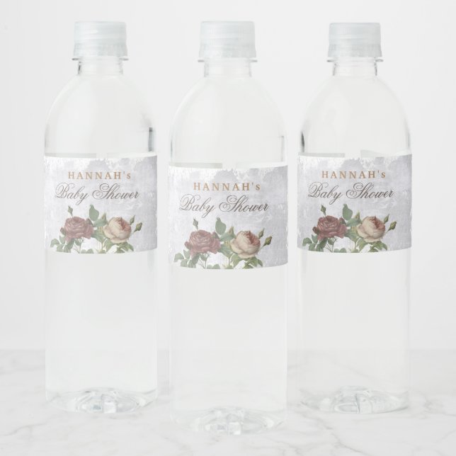 Rustikale Blumendusche Moderne Babydusche Burgundy Wasserflaschenetikett (Flaschen)