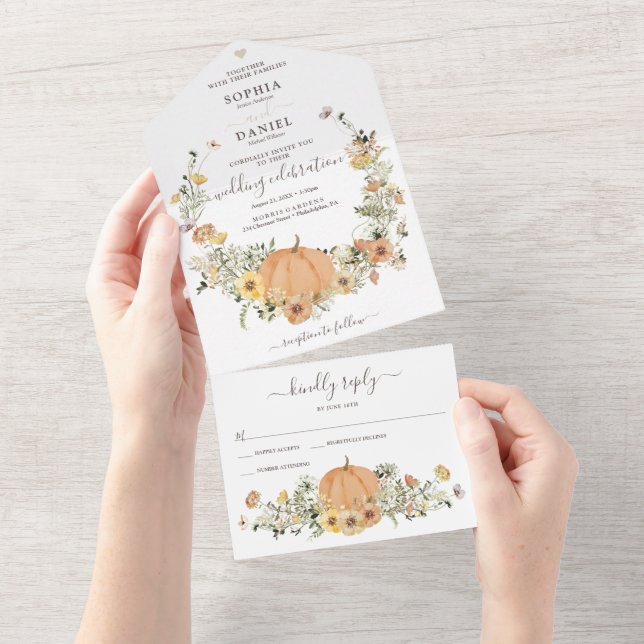 Rustikale Blumenernte Fall Pumpkin Hochzeit All In One Einladung (Abreißen)