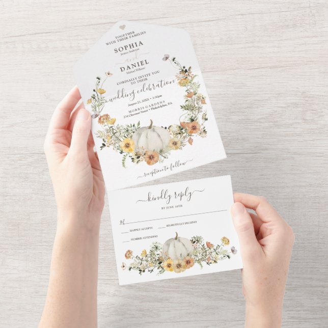 Rustikale Blumenernte fallen Pumpkin Hochzeit in All In One Einladung (Abreißen)