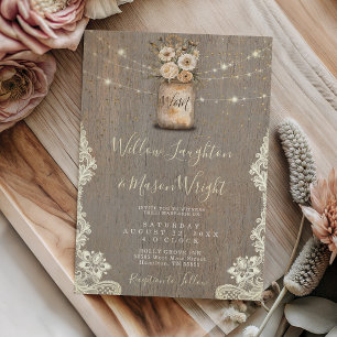Rustikale Blumengefäß-Lichterkette Holz Hochzeit Einladung