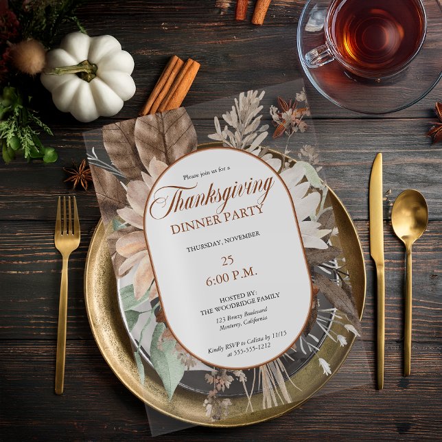 Rustikale, blumengeschmückte Erntedank Abendessen Acryleinladungen (Elegant Muted Rustic Floral Thanksgiving Dinner Party Acrylic Invitation)