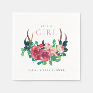 Rustikale Blumenhirschgeweih It's a Girl Baby Show Serviette